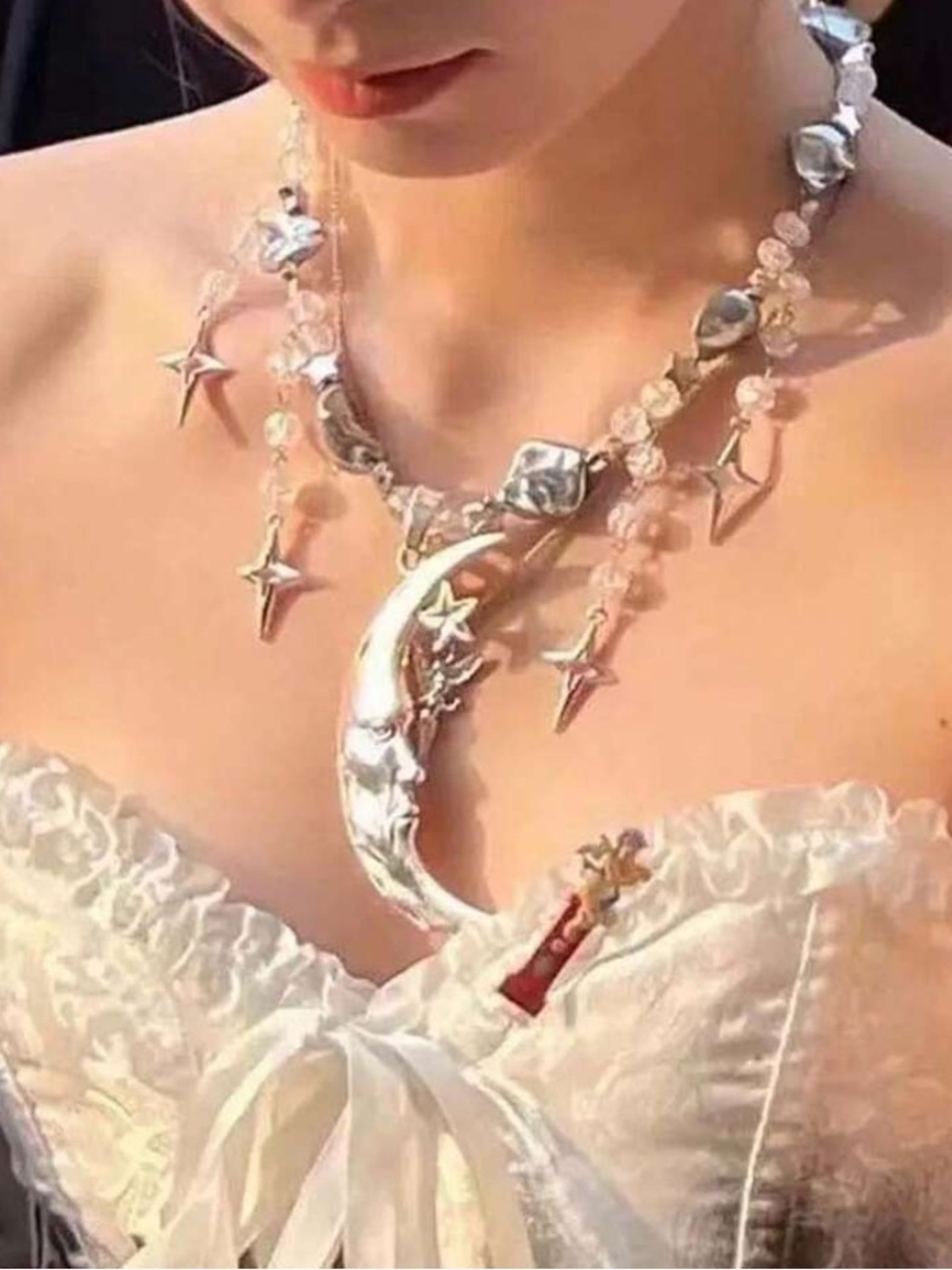 Vintage Celestial Pearl Crescent Moon Necklace